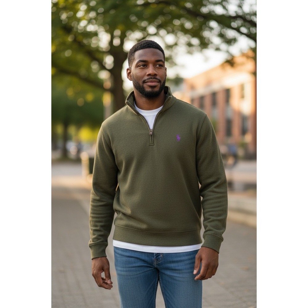 Polo Ralph Lauren Olive Green‎ Cotton Quarter-Zip Pullover Sweater Sz L classic
